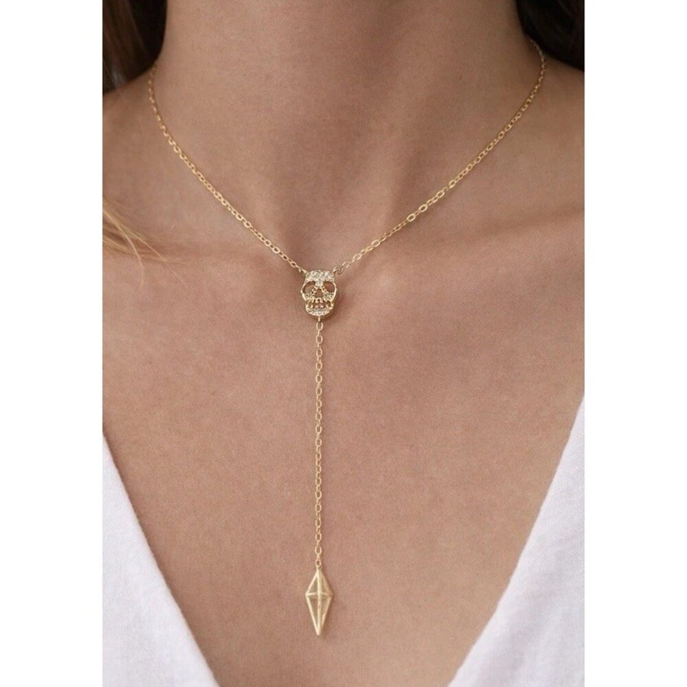 925 Sterling Silver Gold Vermeil Skull Dagger Y Drop Pendant Necklace Crystal
